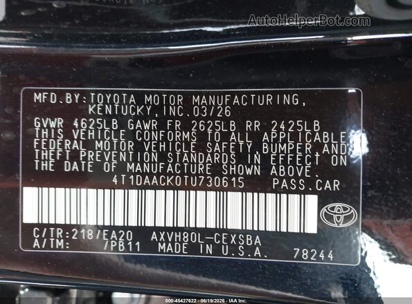 4T1DAACK0TU730615 2026 TOYOTA CAMRY Black Շարժիչի բաժամունքի տեսք