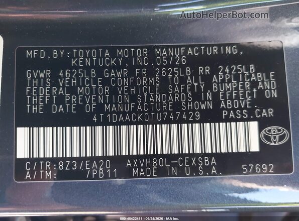 4T1DAACK0TU747429 2026 TOYOTA CAMRY Gray Vista del compartimento del motor