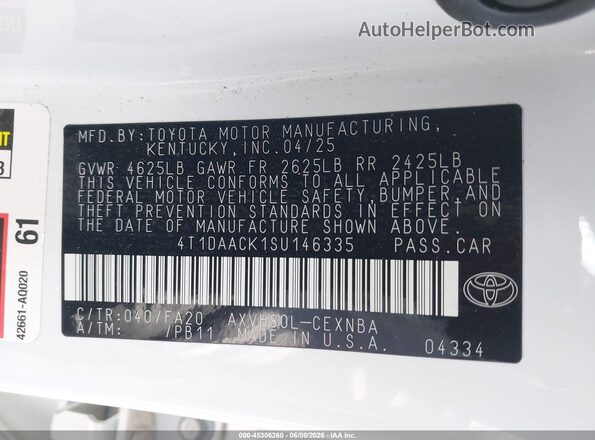 4T1DAACK1SU146335 2025 TOYOTA CAMRY White 