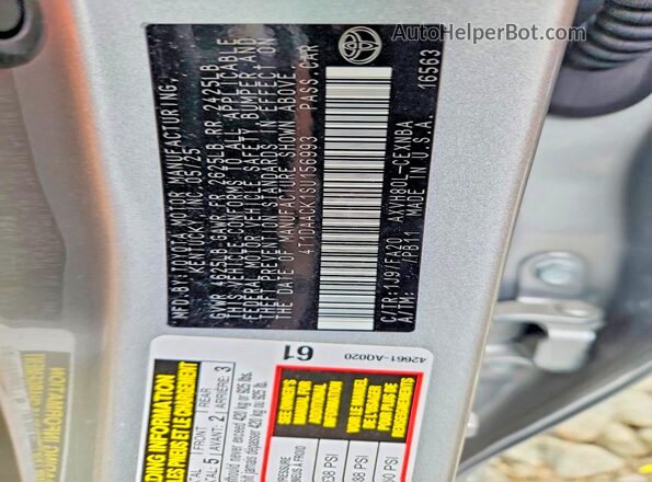 4T1DAACK1SU156993 2025 TOYOTA CAMRY Silver VIN sticker view