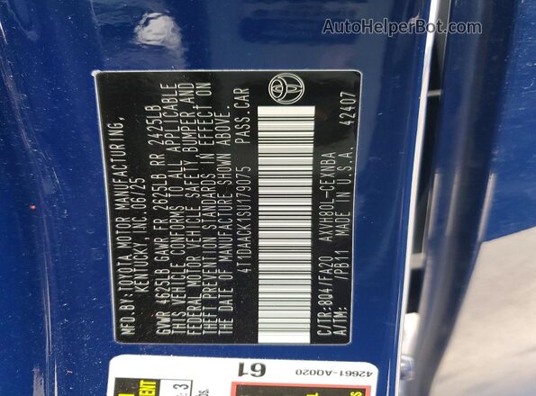 4T1DAACK1SU179075 2025 TOYOTA CAMRY Blue Vista del compartimento del motor