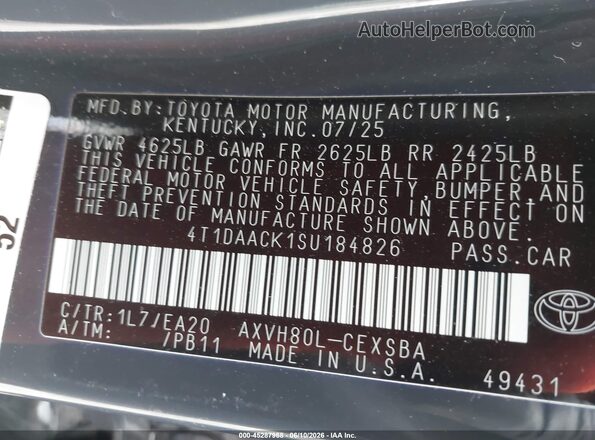 4T1DAACK1SU184826 2025 TOYOTA CAMRY Серый Вид подкапотного пространства