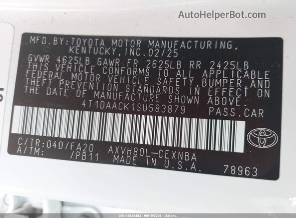 4T1DAACK1SU583879 2025 TOYOTA CAMRY White Вид підкапотного простору