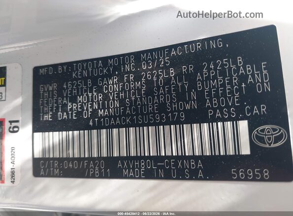 4T1DAACK1SU593179 2025 TOYOTA CAMRY White ძრავის განყოფილების ხედი