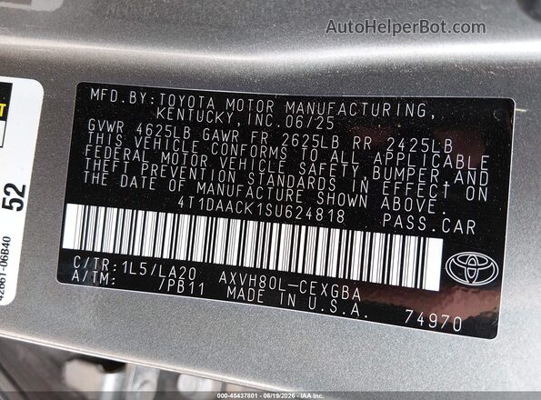 4T1DAACK1SU624818 2025 TOYOTA CAMRY Gray Engine compartment view