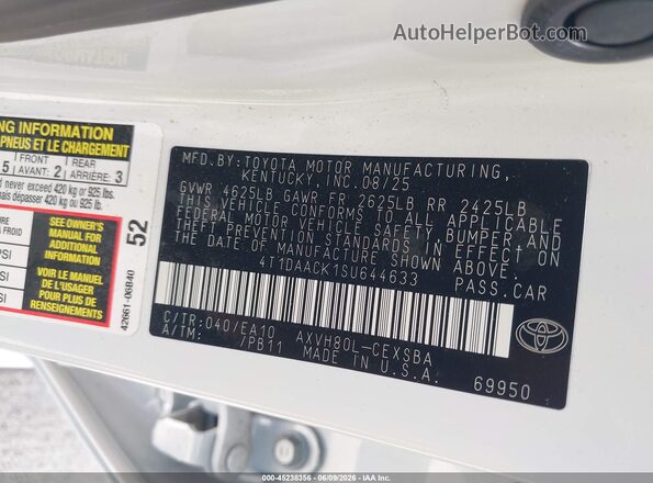 4T1DAACK1SU644633 2025 TOYOTA CAMRY White Շարժիչի բաժամունքի տեսք