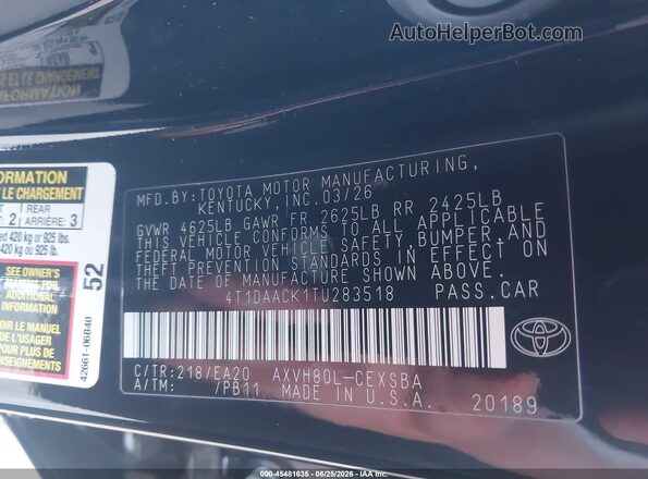 4T1DAACK1TU283518 2026 TOYOTA CAMRY Черный Вид подкапотного пространства