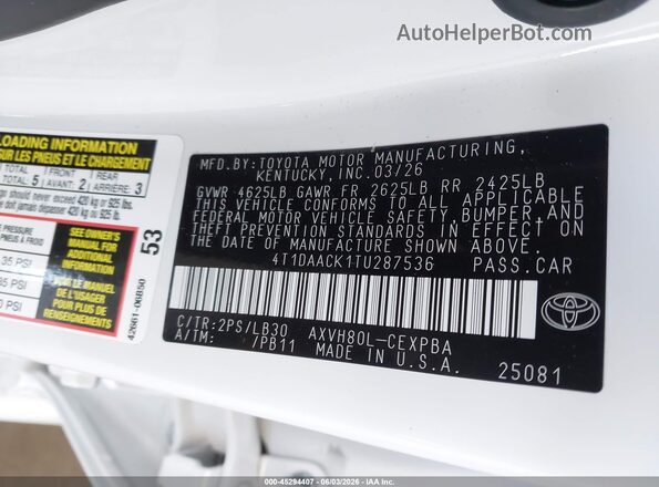 4T1DAACK1TU287536 2026 TOYOTA CAMRY White Engine compartment view