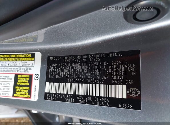 4T1DAACK1TU664902 2026 TOYOTA CAMRY Gray Vista del compartimento del motor