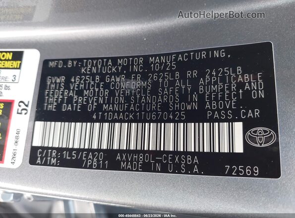 4T1DAACK1TU670425 2026 TOYOTA CAMRY Gray Вид підкапотного простору