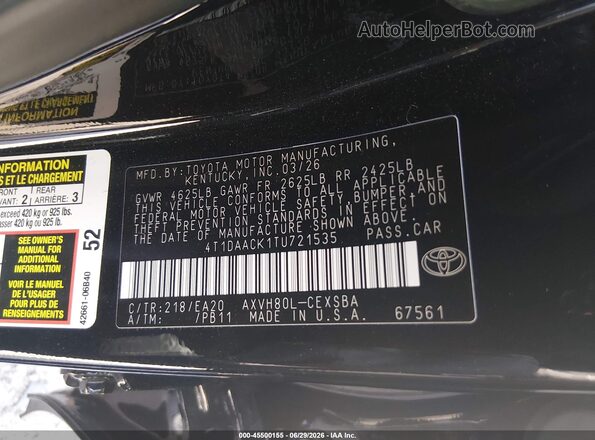 4T1DAACK1TU721535 2026 TOYOTA CAMRY Black Vista del compartimento del motor