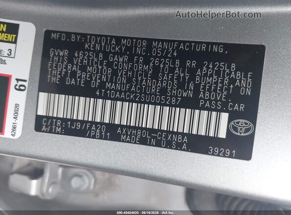 4T1DAACK2SU005287 2025 TOYOTA CAMRY Silver ძრავის განყოფილების ხედი