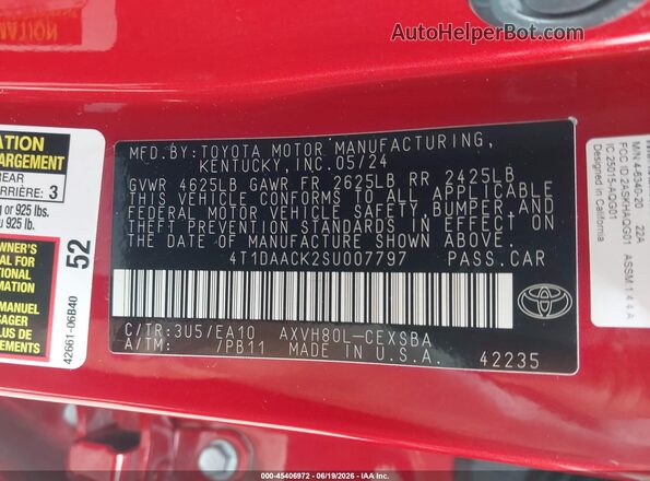 4T1DAACK2SU007797 2025 TOYOTA CAMRY Red Engine compartment view