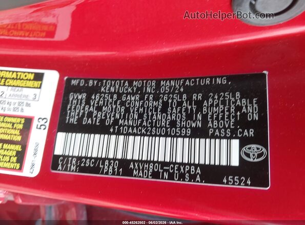 4T1DAACK2SU010599 2025 TOYOTA CAMRY Red ძრავის განყოფილების ხედი