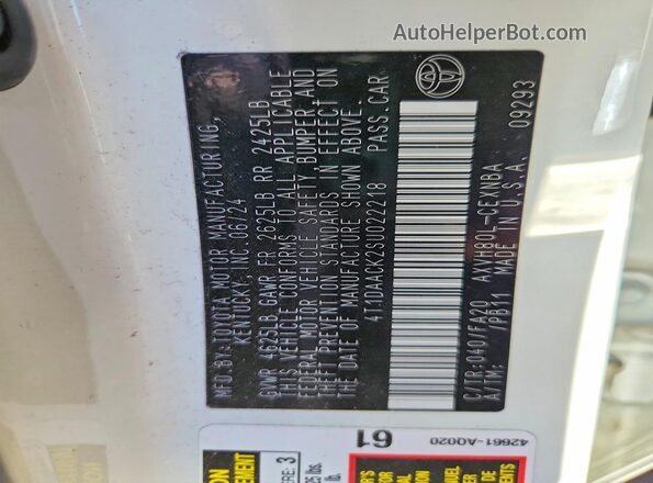 4T1DAACK2SU022218 2025 TOYOTA CAMRY White VIN կոդի պիտակի տեսք