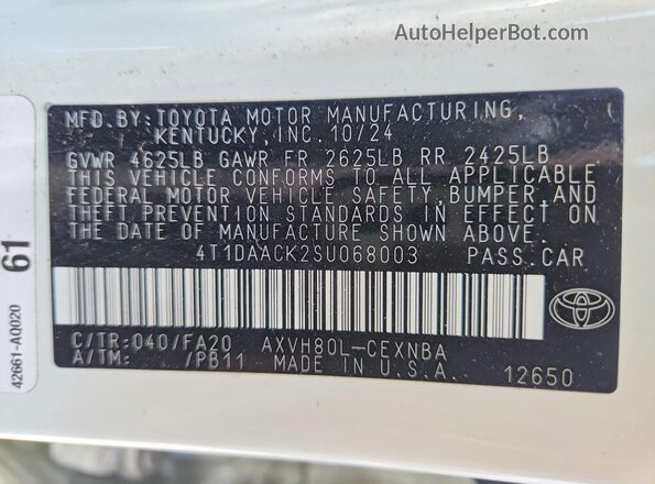 4T1DAACK2SU068003 2025 TOYOTA CAMRY White 