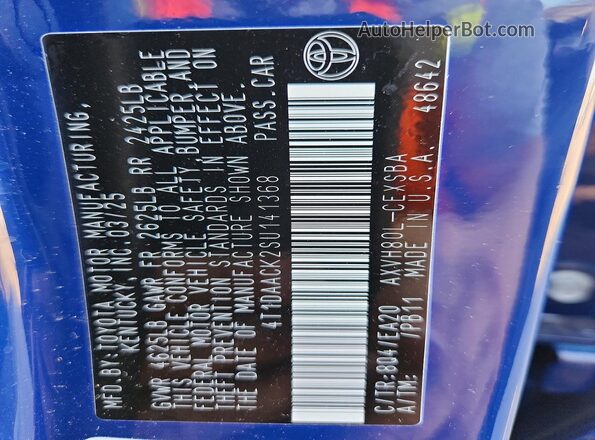 4T1DAACK2SU141368 2025 TOYOTA CAMRY Blue Вид наклейки з VIN-кодом