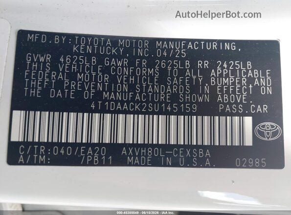 4T1DAACK2SU145159 2025 TOYOTA CAMRY White Widok komory silnika