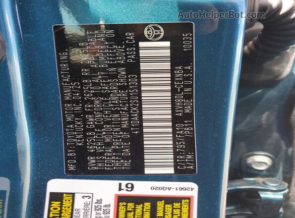 4T1DAACK2SU151303 2025 TOYOTA CAMRY Teal Vista del compartimento del motor