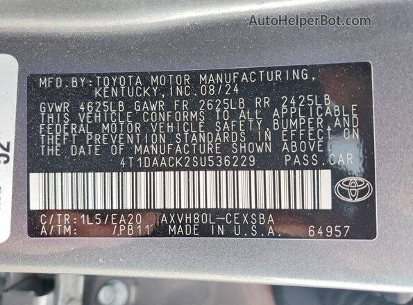 4T1DAACK2SU536229 2025 TOYOTA CAMRY Серебряный Вид наклейки с VIN-кодом