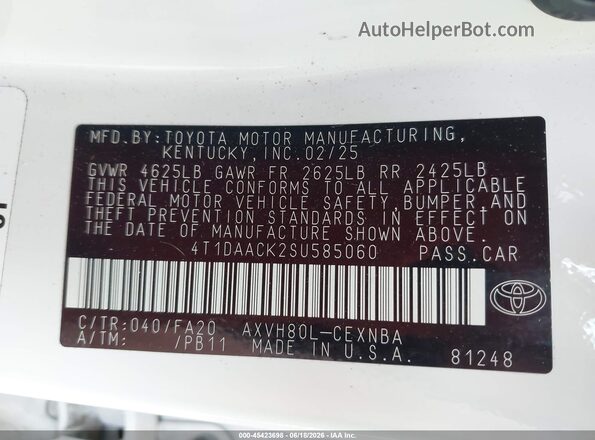 4T1DAACK2SU585060 2025 TOYOTA CAMRY White Widok komory silnika