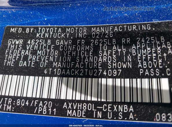 4T1DAACK2TU274097 2026 TOYOTA CAMRY Blue Vista del compartimento del motor