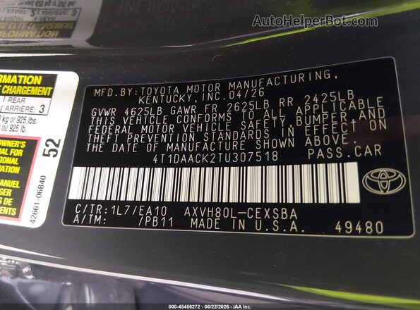 4T1DAACK2TU307518 2026 TOYOTA CAMRY Серый Вид подкапотного пространства