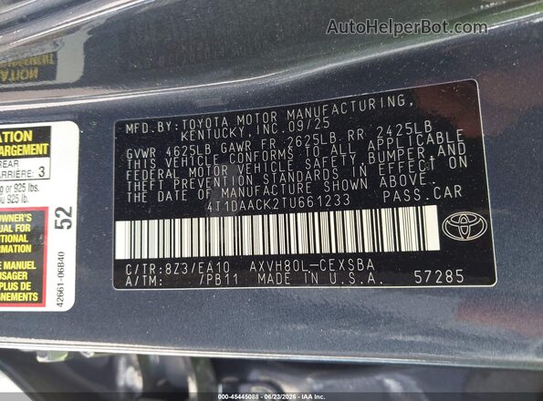4T1DAACK2TU661233 2026 TOYOTA CAMRY Blue Vista del compartimento del motor