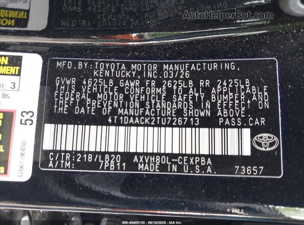 4T1DAACK2TU726713 2026 TOYOTA CAMRY Black ძრავის განყოფილების ხედი