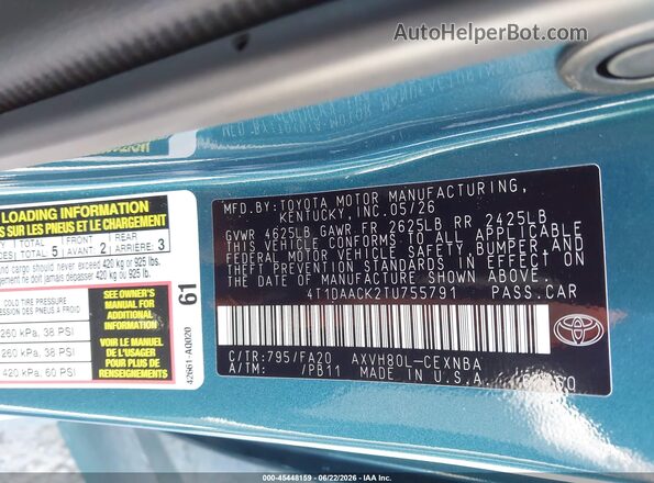 4T1DAACK2TU755791 2026 TOYOTA CAMRY Blue Vista del compartimento del motor