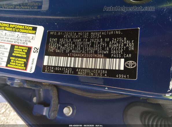 4T1DAACK3SU014368 2025 TOYOTA CAMRY Blue Շարժիչի բաժամունքի տեսք
