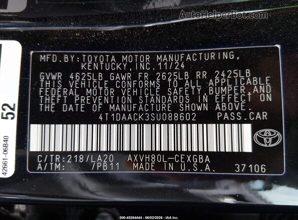 4T1DAACK3SU088602 2025 TOYOTA CAMRY Black Engine compartment view