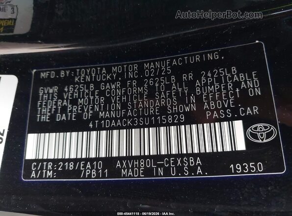 4T1DAACK3SU115829 2025 TOYOTA CAMRY Black Вид підкапотного простору