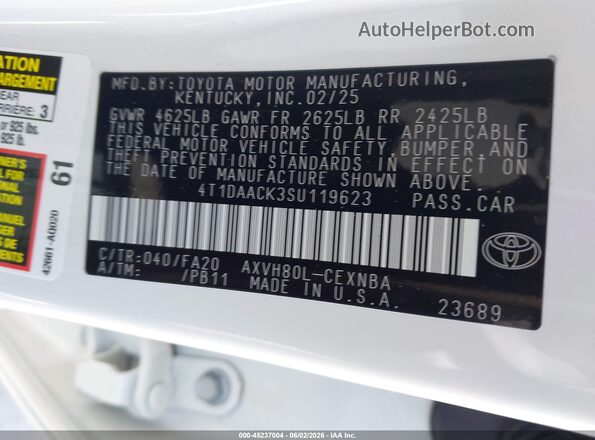 4T1DAACK3SU119623 2025 TOYOTA CAMRY White 