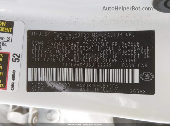 4T1DAACK3SU122229 2025 TOYOTA CAMRY White Vista del compartimento del motor