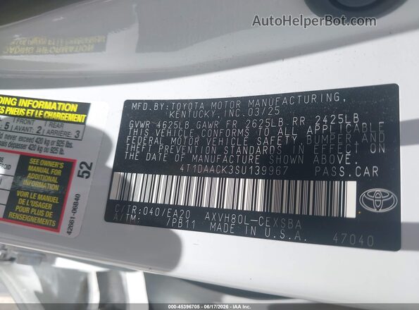 4T1DAACK3SU139967 2025 TOYOTA CAMRY Белый 