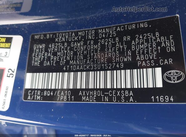 4T1DAACK3SU152749 2025 TOYOTA CAMRY Синий Вид подкапотного пространства