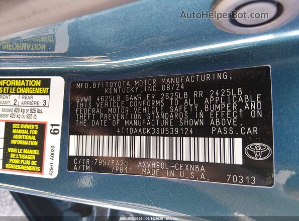4T1DAACK3SU539124 2025 TOYOTA CAMRY Turquoise Widok komory silnika