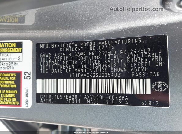 4T1DAACK3SU635402 2025 TOYOTA CAMRY Gray ძრავის განყოფილების ხედი