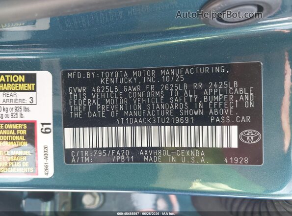 4T1DAACK3TU219691 2026 TOYOTA CAMRY Синий Вид подкапотного пространства