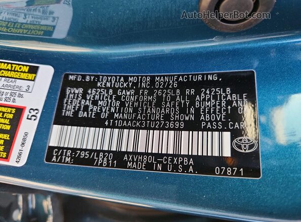 4T1DAACK3TU273699 2026 TOYOTA CAMRY Blue Widok komory silnika