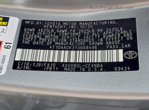 4T1DAACK3TU668496 2026 TOYOTA CAMRY Silver Vista de la etiqueta del VIN