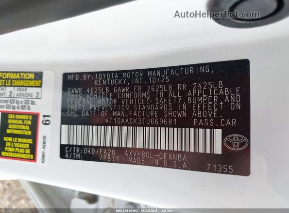 4T1DAACK3TU669681 2026 TOYOTA CAMRY Белый Вид подкапотного пространства