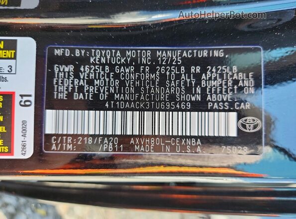 4T1DAACK3TU695469 2026 TOYOTA CAMRY Black Widok naklejki z numerem VIN