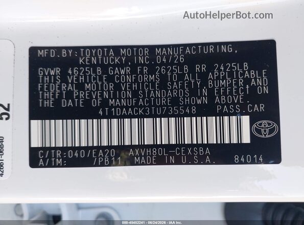 4T1DAACK3TU735548 2026 TOYOTA CAMRY Белый Вид подкапотного пространства