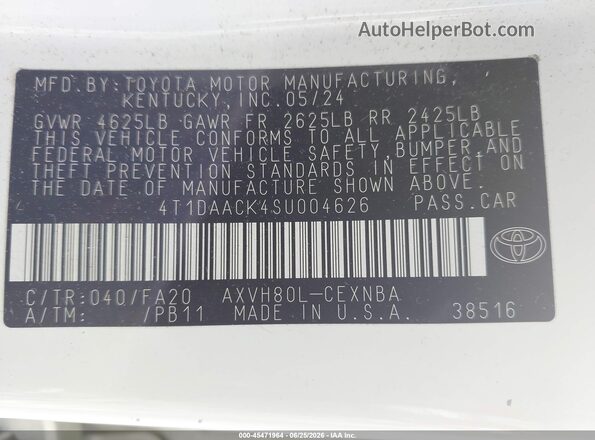 4T1DAACK4SU004626 2025 TOYOTA CAMRY White Շարժիչի բաժամունքի տեսք