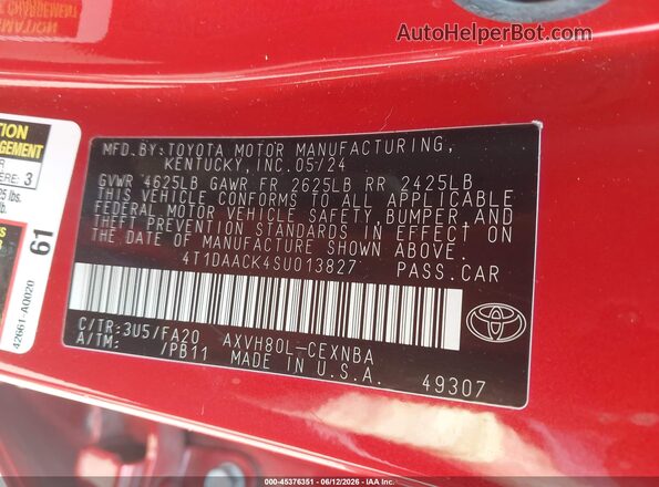 4T1DAACK4SU013827 2025 TOYOTA CAMRY Красный 