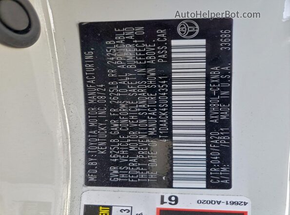 4T1DAACK4SU043541 2025 TOYOTA CAMRY White ძრავის განყოფილების ხედი