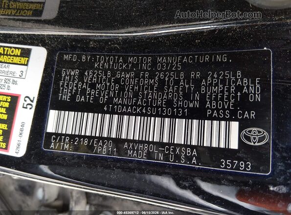 4T1DAACK4SU130131 2025 TOYOTA CAMRY Black Vista del compartimento del motor