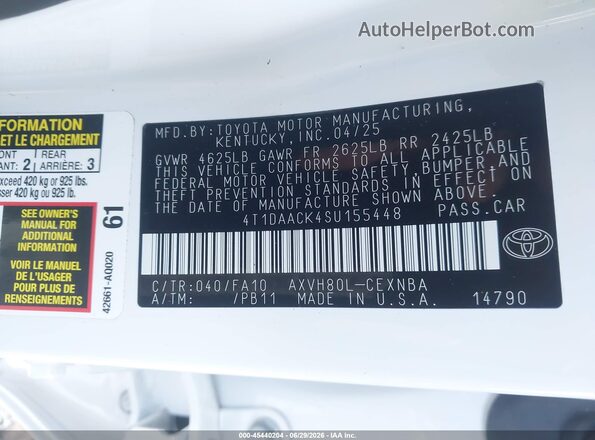 4T1DAACK4SU155448 2025 TOYOTA CAMRY White Շարժիչի բաժամունքի տեսք